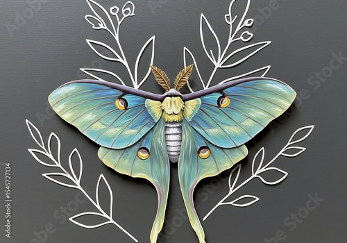 Luna Moth Painting with Floral Design