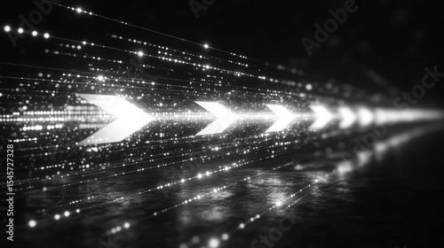 Abstract futuristic design featuring glowing white arrows and light streaks symbolizing speed, direction, and digital flow on a sleek black background. The dynamic composition evokes concepts of techn