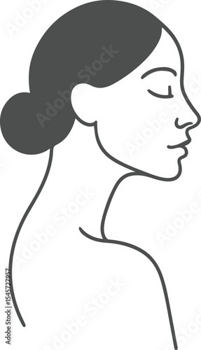 Elegant black vector silhouette of a woman's head in profile, highlighting her artistic hairstyle and striking facial features