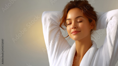 Woman Stretching in a Cozy White Robe in the Morning Light with a Serene Expression photo