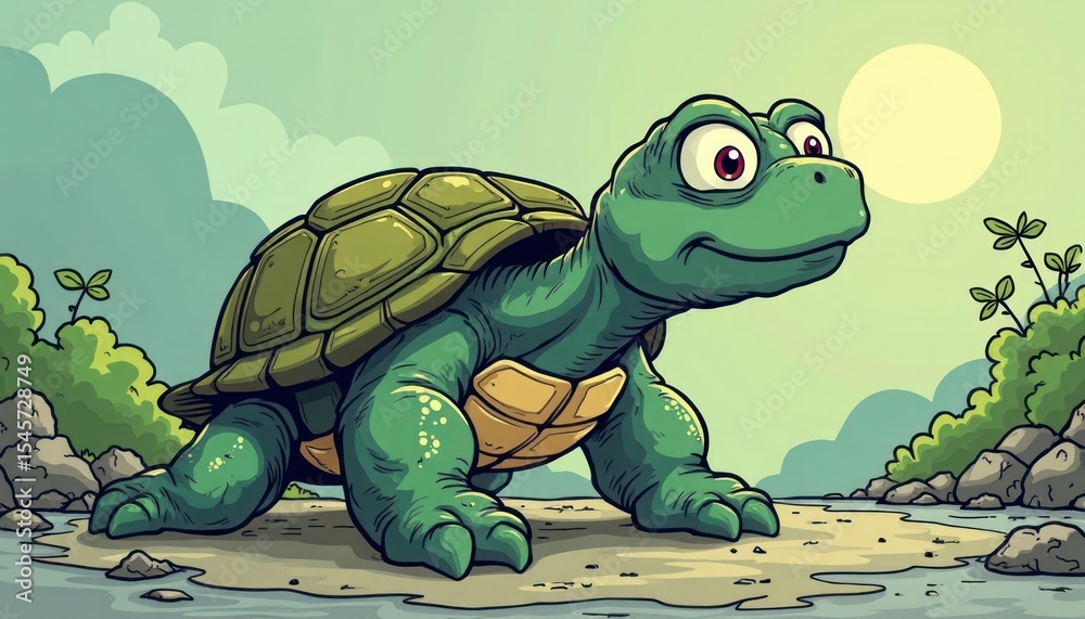 Fototapeta premium A turtle walks along the riverbank.