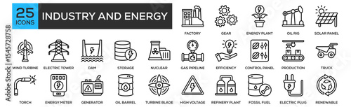 Industry and Energy icon collection set. Containing design Factory Building, Industrial Gear, Energy Plant, Oil Rig, Solar Panel