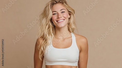 long haired woman smiling, white sports bra style, concept of health and beauty in fitnes
