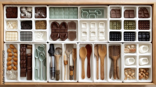 Drawer containing sectioned organizers for grouped baking tools