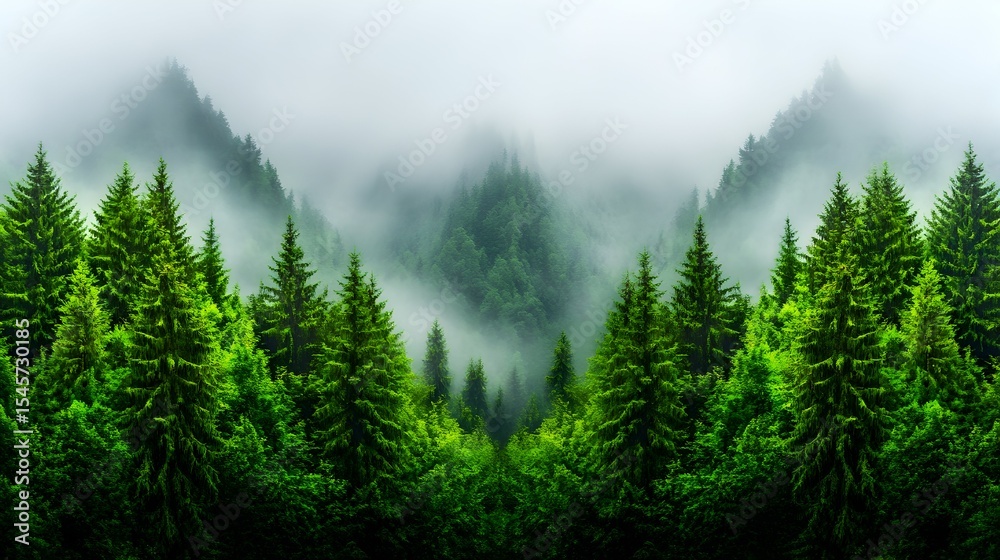 Fototapeta premium Misty mountain forest, evergreen trees, valley view, nature background, scenic wallpaper