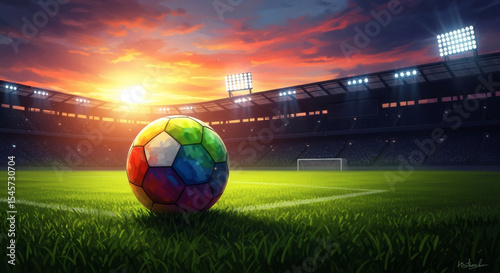 Vibrant soccer ball on stadium field at sunset, symbolizing sports and competition