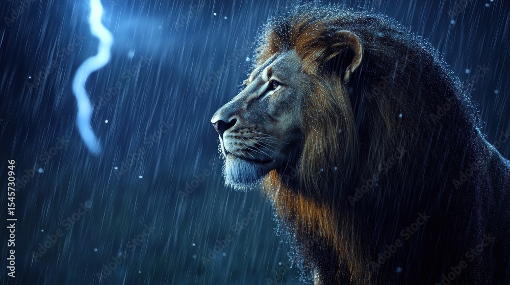 Naklejka premium Lion profile in stormy night