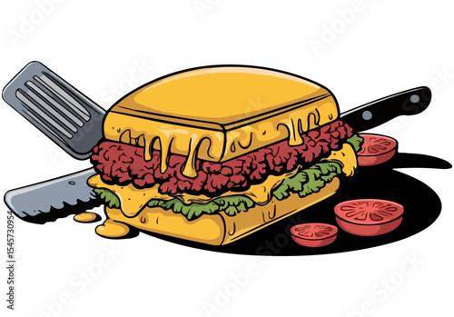 An isolated fast food meal illustration of a sausage on a fork, a fried sausage in a pan, and a hot dog, perfect for breakfast or lunch.