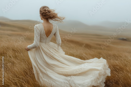 Woman in long dress walking through tall grass. photo