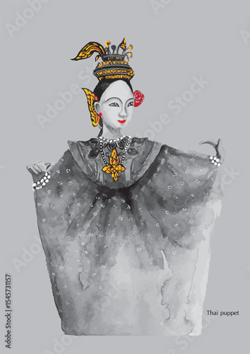 Watercolor painting of ancient Thai art and culture puppets
