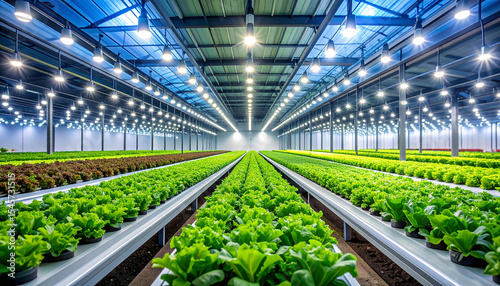 Sustainable Cultivation: Rows of vibrant green crops thrive inside an expansive greenhouse, a testament to innovation in modern farming. The image, captured with great care.