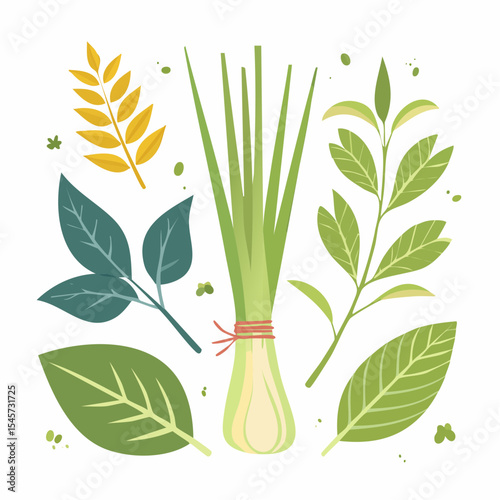 Fresh, natural floral vector illustration of an apple, apple tree, and bunch of grapes on a leafy green branch