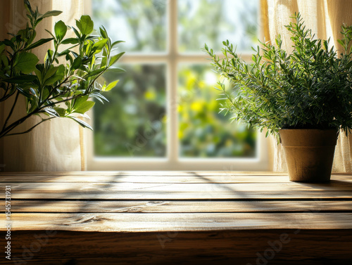 Sunlit wooden table is adorned with potted plants, casting gentle shadows through window. scene exudes tranquility and natural beauty, with greenery enhancing serene atmosphere