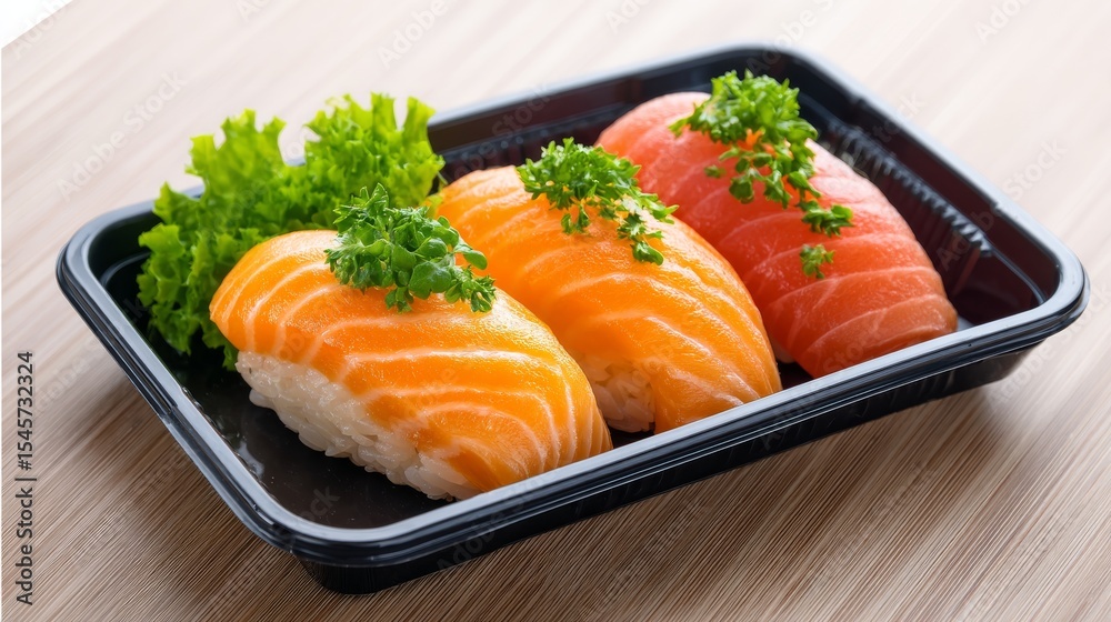 Trio of Sushi Nigiri Featuring Salmon and Tuna Topped with Fresh Herbs on a Wooden Background Trio of Sushi Nigiri Featuring Salmon and Tuna Topped with Fresh Herbs on a Wooden Background