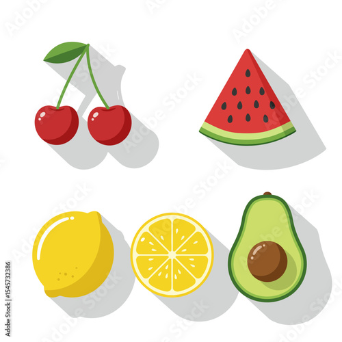 Fruit flat design long shadow icons set. Two cherries, melon slice, halved lemon, avocado. Vector symbols