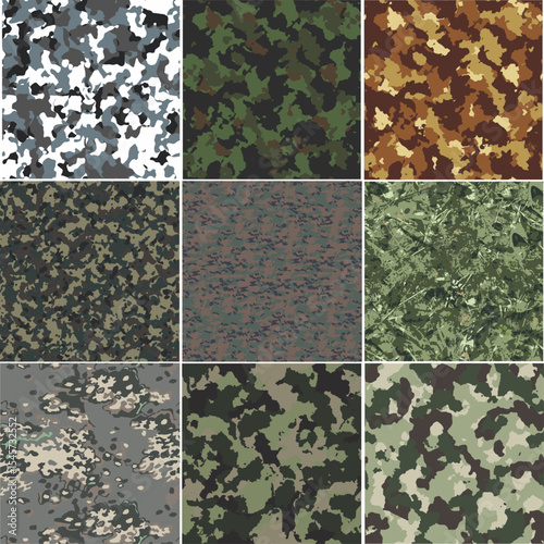 Seamless Camouflage Patterns Set: Digital and Traditional Camo Textures