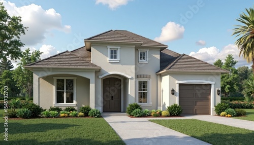 Exterior view of a light beige house with a dark brown garage.