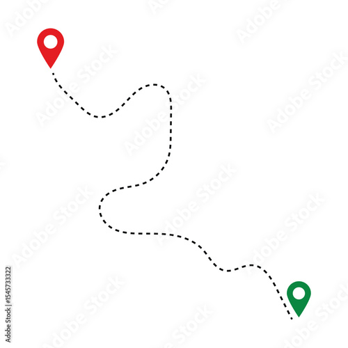 Route icon - two points with dotted path and location pin. Route location icon two pin sign and dotted line. Distance icons set in black filled and stroke line style in eps 10.