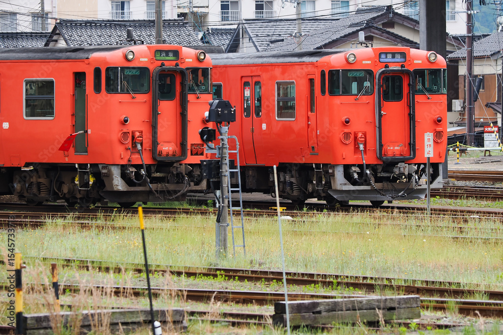 Naklejka premium Two bright red local trains at a train station in Japan