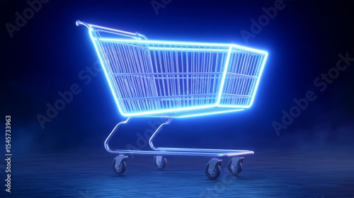 Glowing Neon Shopping Cart in Misty Atmosphere Representing Futuristic Retail Theme