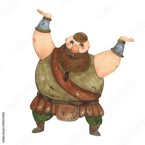 Fotografie Viking, strong man with raised arms stands on a white background