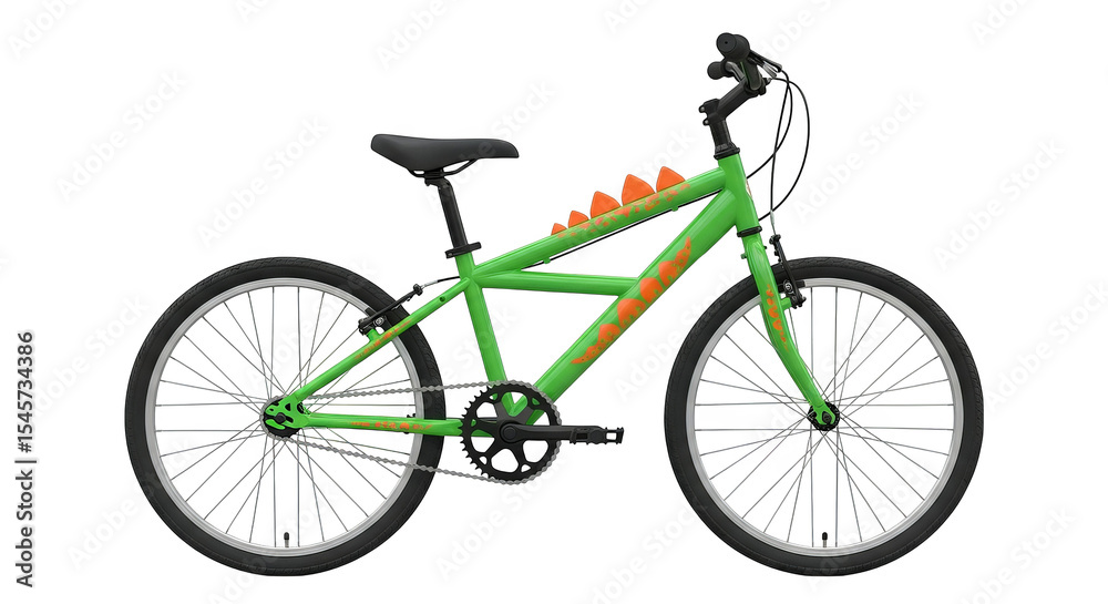 Fototapeta premium A green bicycle with orange dinosaur accents evokes youthful adventure and vibrant, playful energy.