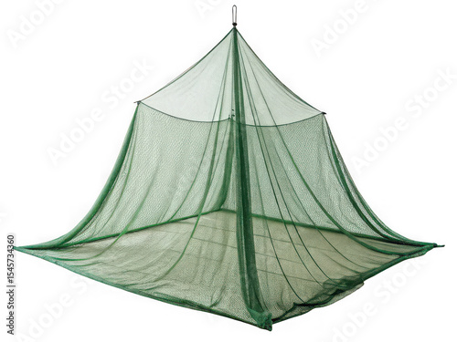 Green square mosquito net, hanging, isolated on black background, insect protection, camping gear, outdoor equipment, summer protection, lightweight fabric, portable