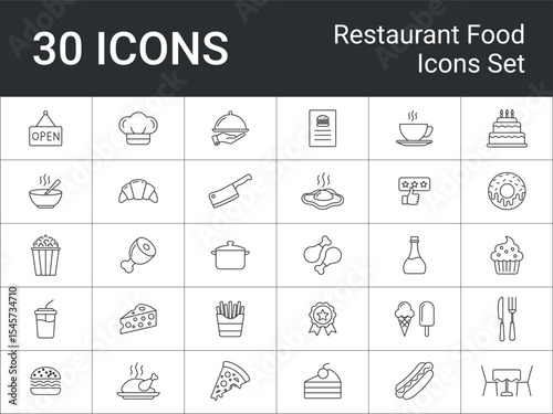 Collection of Outline Food and Restaurant Icons. Restaurant Food Menu Icons. Including food items,
restaurant symbols, and related objects. Includes burgers, pizza, desserts, and more