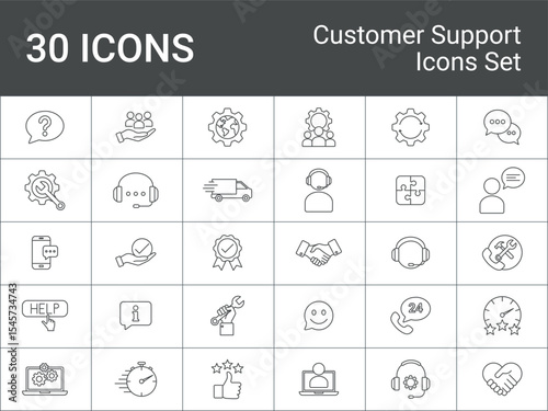 Collection of Outline Customer Support and Service Icons. Customer Support Icons. Including customer
service, technical support, teamwork, support functions, and satisfaction. Editable stroke