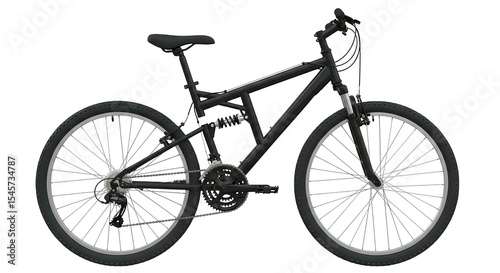Detailed bicycle side view showcasing frame design, suspension, and tire treads in a studio setting