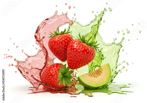 Ripe red strawberries and sweet yellow melon create an energetic green juice splash captured in high speed.