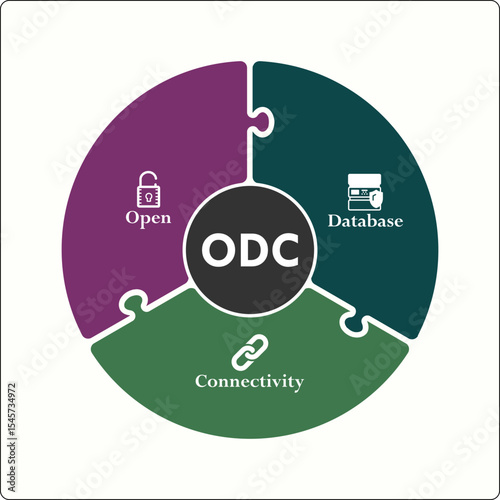 ODC - Open Database Connectivity acronym. Infographic template with icons and description placeholder