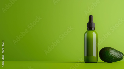 Green Glass Dropper Bottle with Avocado on a Bright Green Background for Natural Health and Beauty Products Presentation