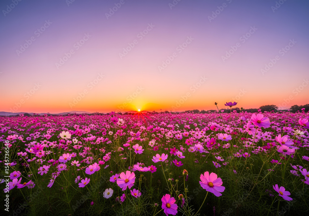 Obraz premium Pastel Cosmos Flowers in a Field at Dusk, Symbolizing Serenity and Natural Beauty for Wellness and Mindfulness Campaigns
