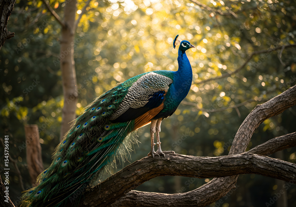 Obraz premium Peacock perched on branch in forest