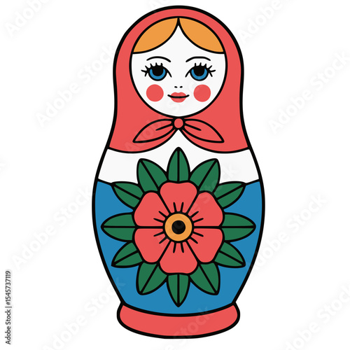 Matryoshka doll vector art with bright red, blue, and green accents. This charming Russian folk art icon depicts a traditional wooden doll,