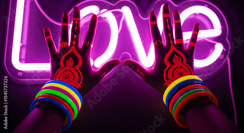 Henna hands in front of love neon sign at festive night celebration