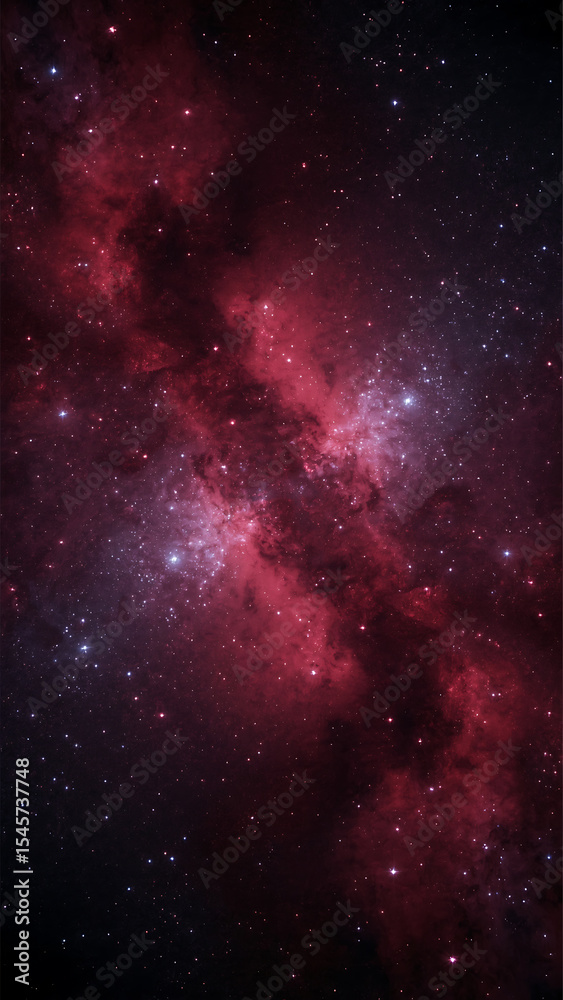 Fototapeta premium Galaxy background vertical vibrant red nebula filled with stars, cosmic view suitable for space-themed designs and backgrounds. Perfect for sci-fi projects.