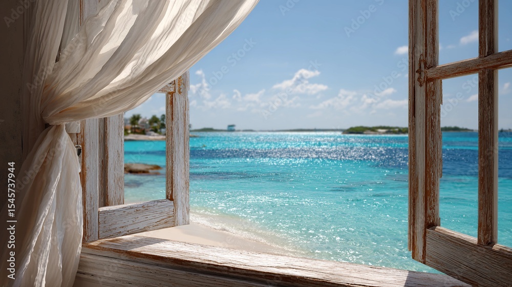 Fototapeta premium Open window overlooking tropical beach with turquoise ocean and white curtain
