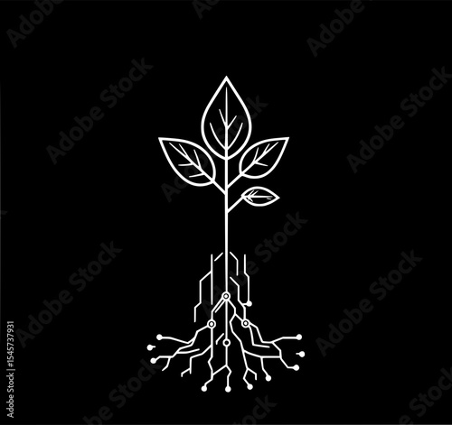 Tech Tree: A minimalist line art illustration of a plant with circuit board roots, symbolizing technological growth and nature's connection.