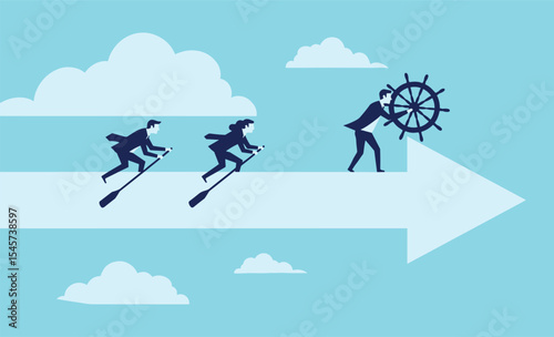 Leadership and Teamwork in Business Navigation, Illustrated Characters Rowing and Steering a Ship, Flat Design Illustration flat vector illustration