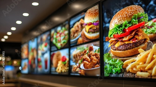 Digital menu boards displaying delicious fast food in a modern restaurant