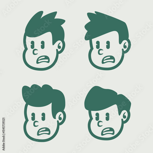 Set of four cartoon boy face icons with surprised expression in retro style. Great for mascot, kids brand, or character design. EPS vector format for easy editing