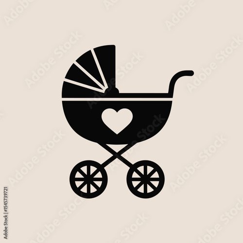 Black Baby Stroller Icon White Heart Beige Background