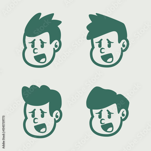 Set of four cartoon boy face icons with surprised expression in retro style. Great for mascot, kids brand, or character design. EPS vector format for easy editing