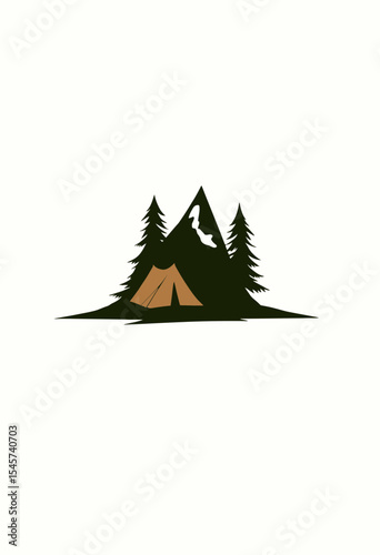 Tent in forest surrounded by pine trees and mountains  