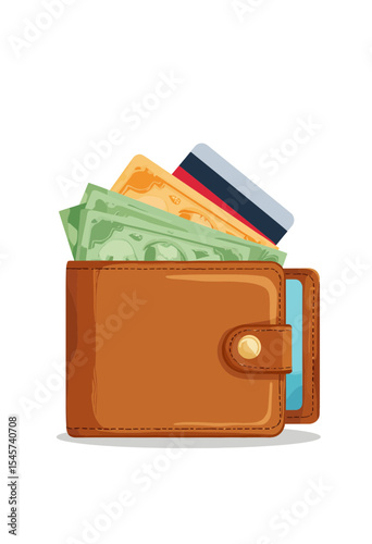 Brown wallet filled with cash and credit cards on white background  