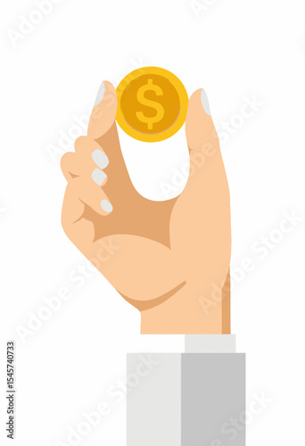 Hand holding gold coin with dollar sign on white background  