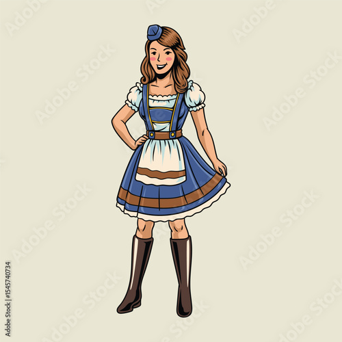 Smiling women in traditional dirndl dresses representing Oktoberfest culture cartoon illustration