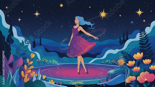 Graceful Woman Dancing Under Starry Sky in Mystical Fantasy Landscape
